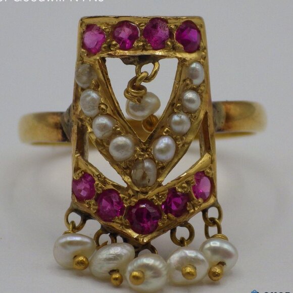 20k Yellow Gold, Spinel and Cultured Pearl Ring, Size 6 - 6.5, 3.36g - Picture 8 of 13